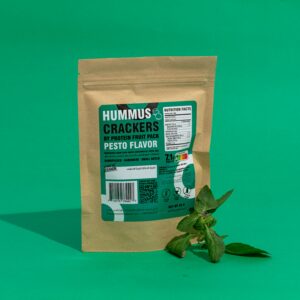 ProteinFruitPack's Pesto Flavored Hummus Crackers made from chickpea flour, fresh basil, Parmesan cheese, garlic, and pine nuts