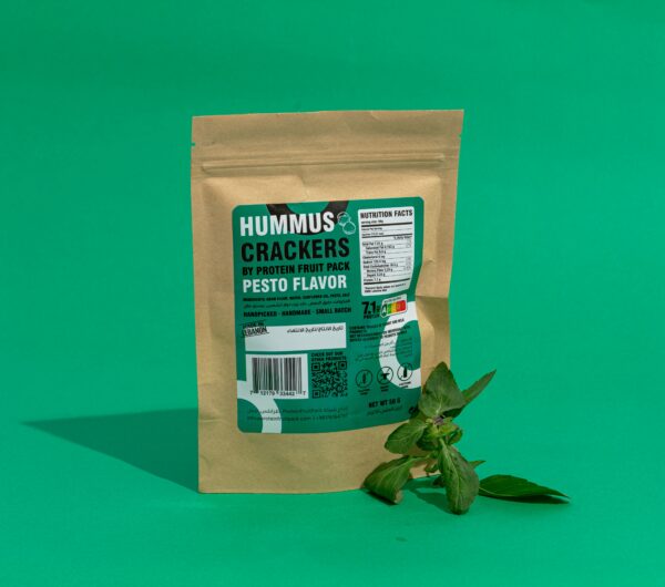 ProteinFruitPack's Pesto Flavored Hummus Crackers made from chickpea flour, fresh basil, Parmesan cheese, garlic, and pine nuts