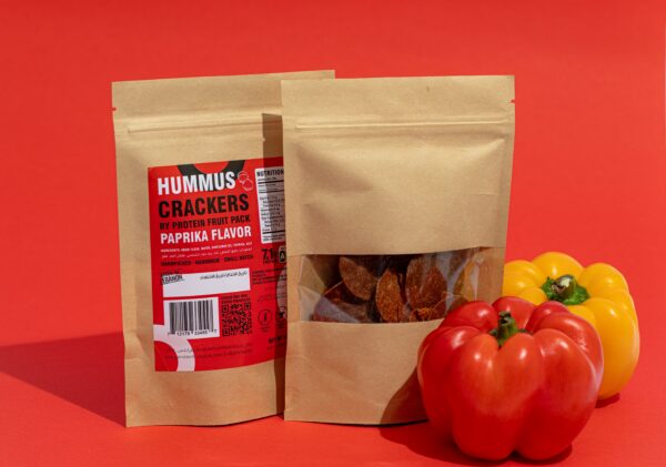 ProteinFruitPack's Paprika Flavored Hummus Crackers made from chickpea flour, Mediterranean sea salt, and premium paprika