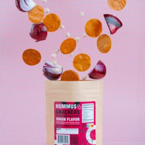 ProteinFruitPack's Onion Flavored Hummus Crackers made from chickpea flour, Mediterranean sea salt, and dried onions