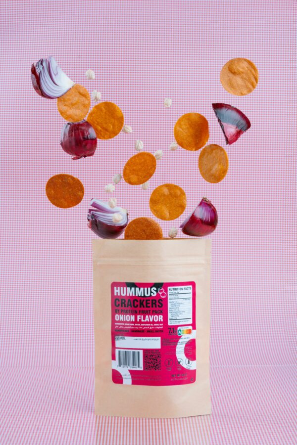 ProteinFruitPack's Onion Flavored Hummus Crackers made from chickpea flour, Mediterranean sea salt, and dried onions