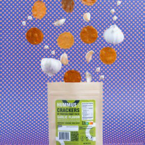 ProteinFruitPack's Garlic Flavored Hummus Crackers made from chickpea flour, Mediterranean sea salt, and dried garlic